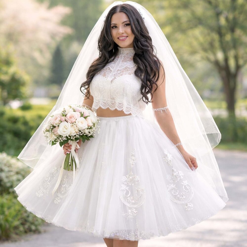 White Bridal Tulle Tutu Skirt Knee Length Lace Appliqués Pearls Beads OS - Picture 6 of 11